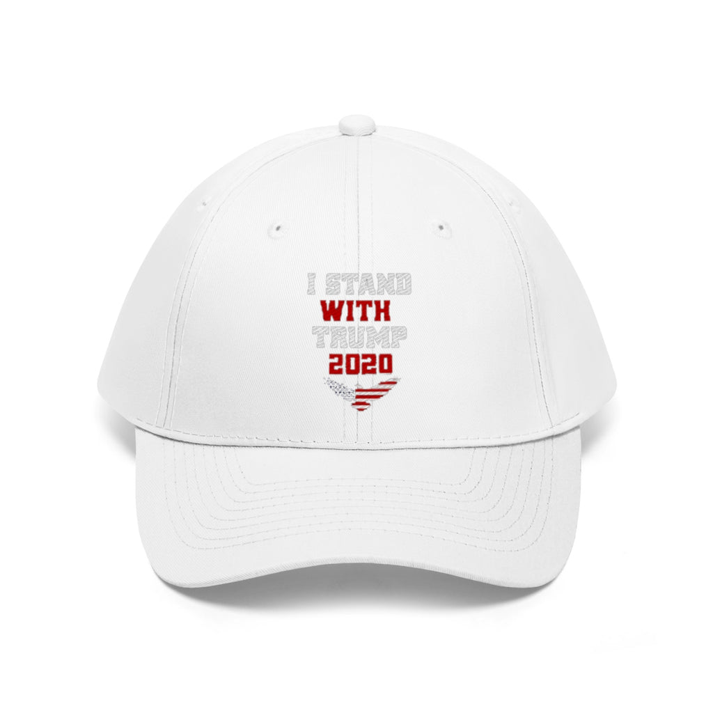 I Stand With Trump 2020 Twill Cap white hat with red text supporting Trump 2020 campaign