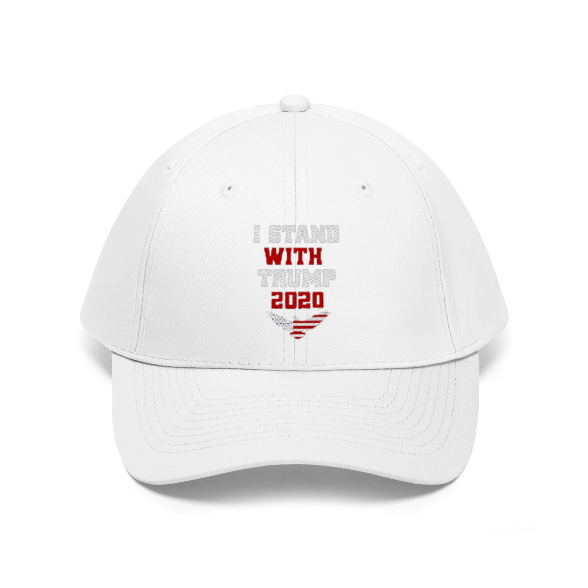 I Stand With Trump 2020 Twill Cap white hat with red text supporting Trump 2020 campaign