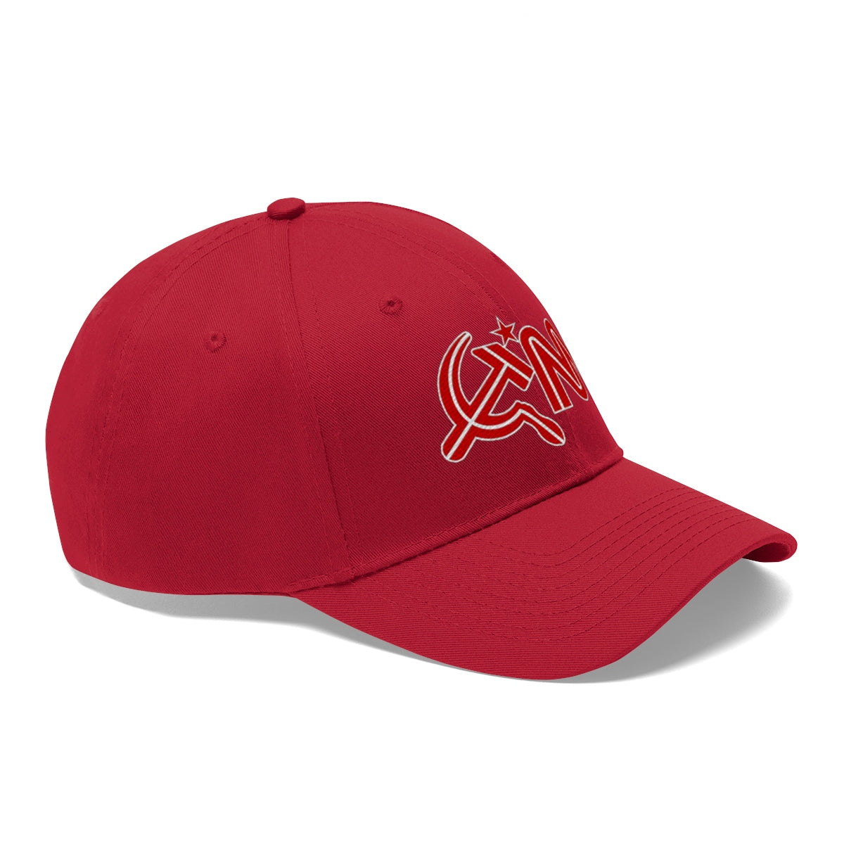 CNN Logo as Hammer and Sickle Twill Cap in vibrant red color, perfect for expressing bold political values.