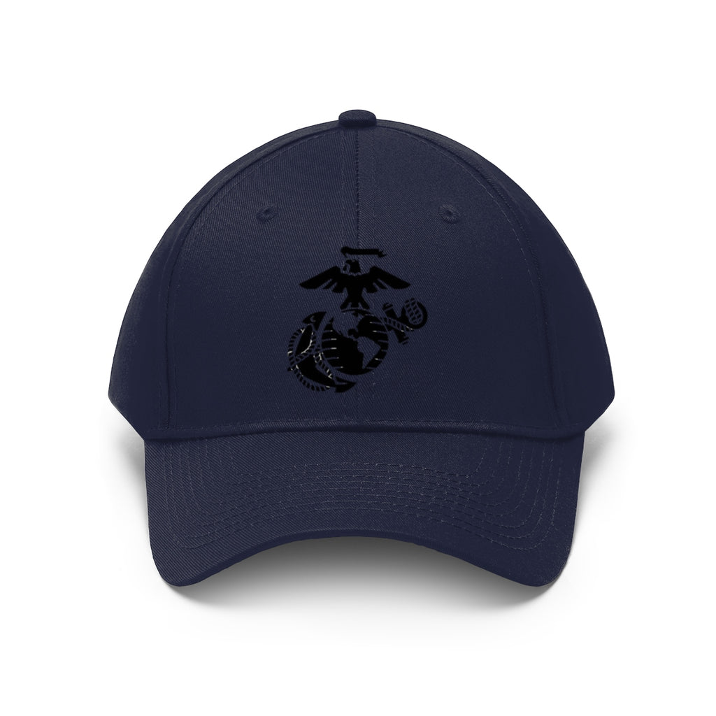 USMC Symbol Twill Cap Marine Corps Pride Hat featuring the Marine Corps logo on a navy blue cap.