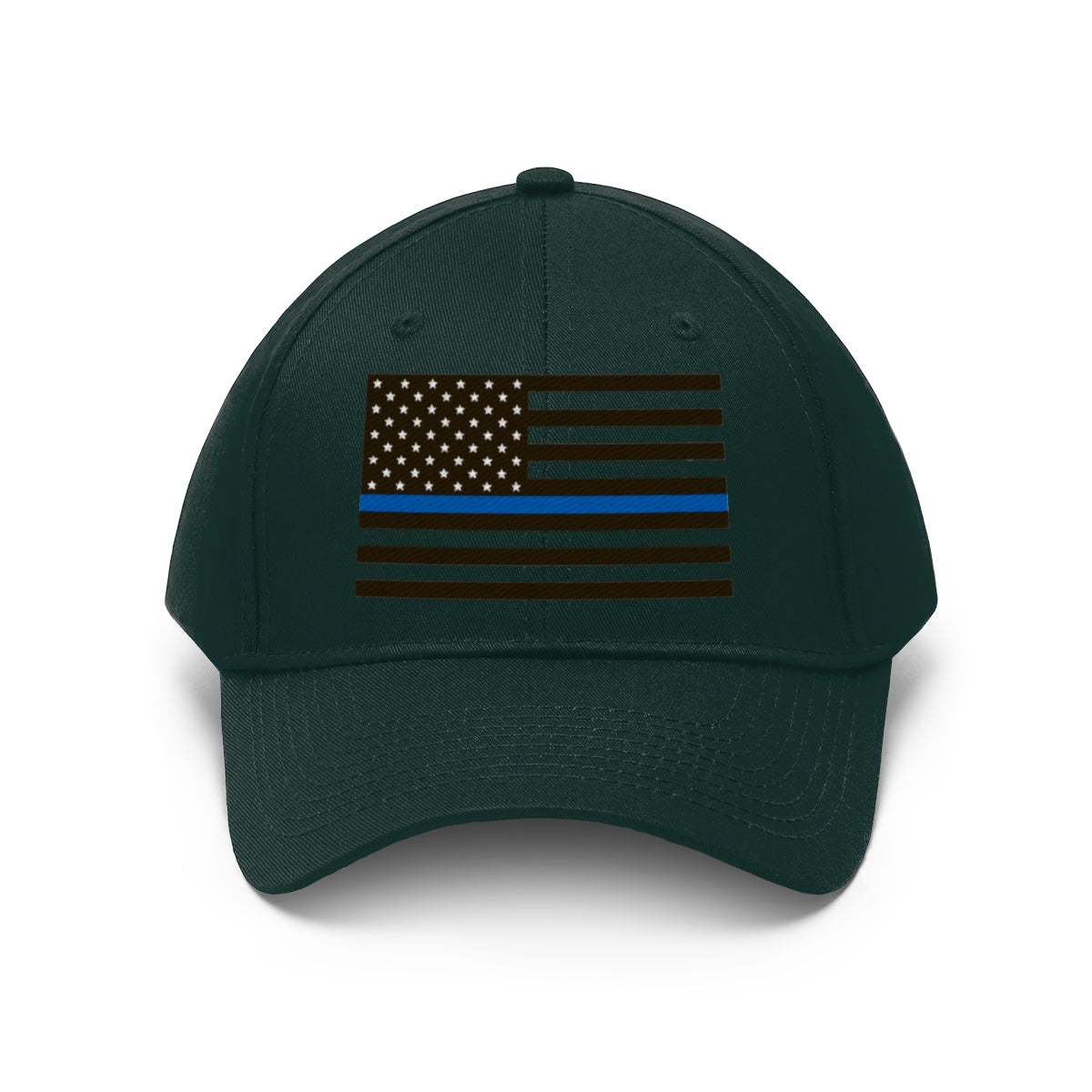 Thin Blue Line American Flag Twill Cap featuring a dark green base and bold flag design on the front.