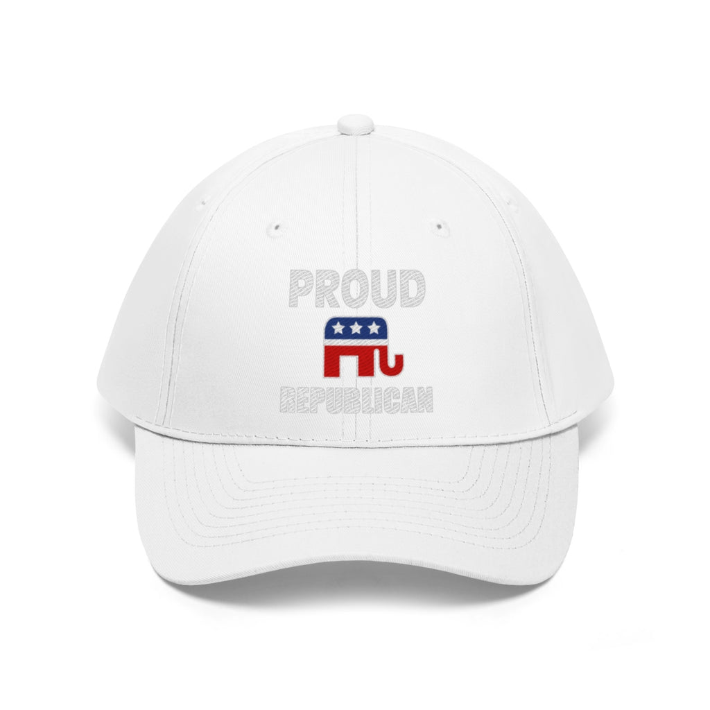 Classic Proud Republican Twill Baseball Cap featuring a bold design with the text 'PROUD REPUBLICAN' and elephant symbol.