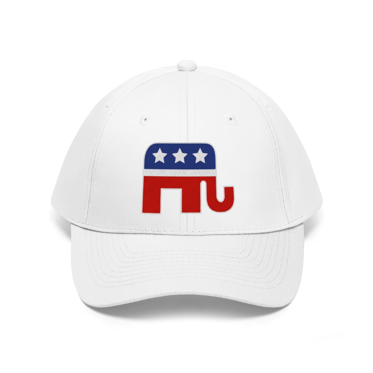 GOP Symbol Twill Cap Patriotic Political Graphic Cap featuring a red, white, and blue elephant design.