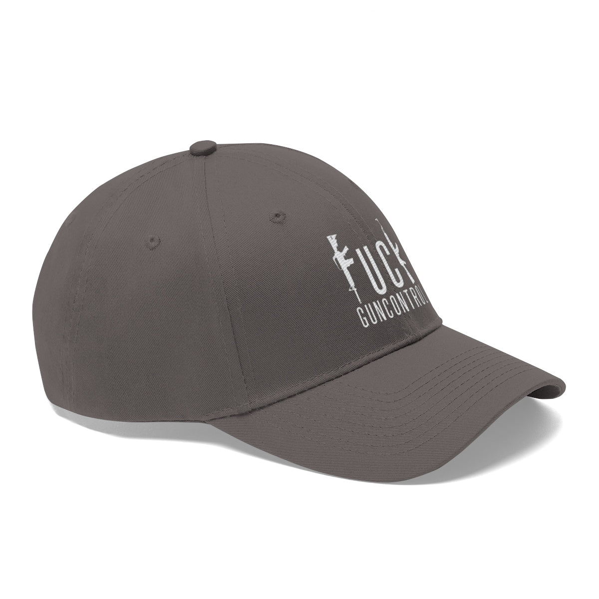 Vintage Fuck Gun Control Cotton Twill Cap displayed at an angle, featuring a solid design in dark grey.
