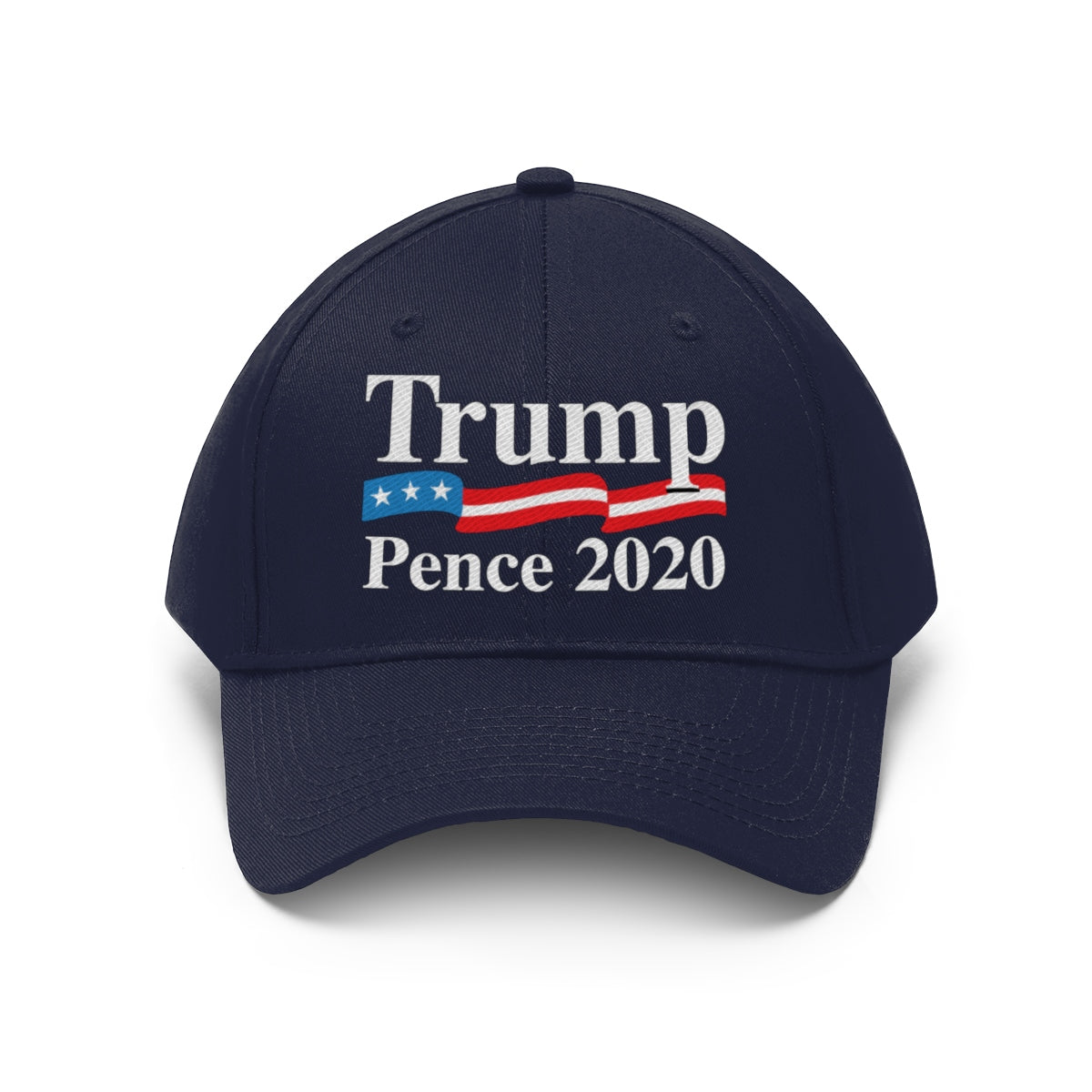 Trump Pence 2020 American Flag Twill Cap featuring embroidered logo and design, perfect for political supporters.