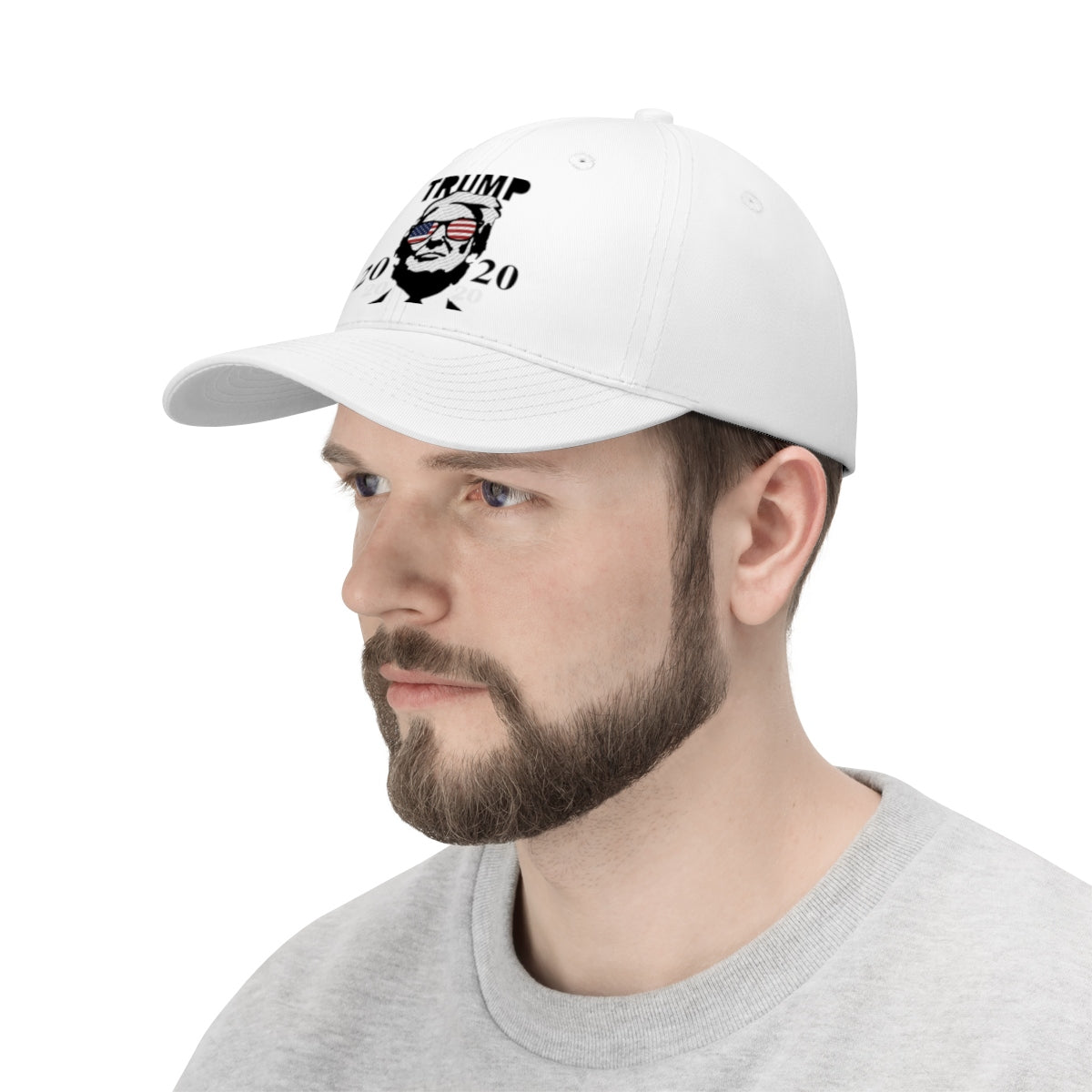 Trump 2020 With US Flag Glasses Twill Cap worn by a man, showcasing a bold political statement.
