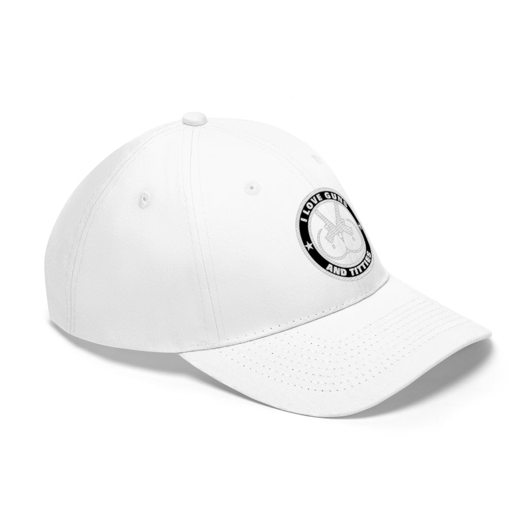 I Love Guns And Titties Twill Cap white baseball cap with logo patch, perfect for showcasing bold personal style.