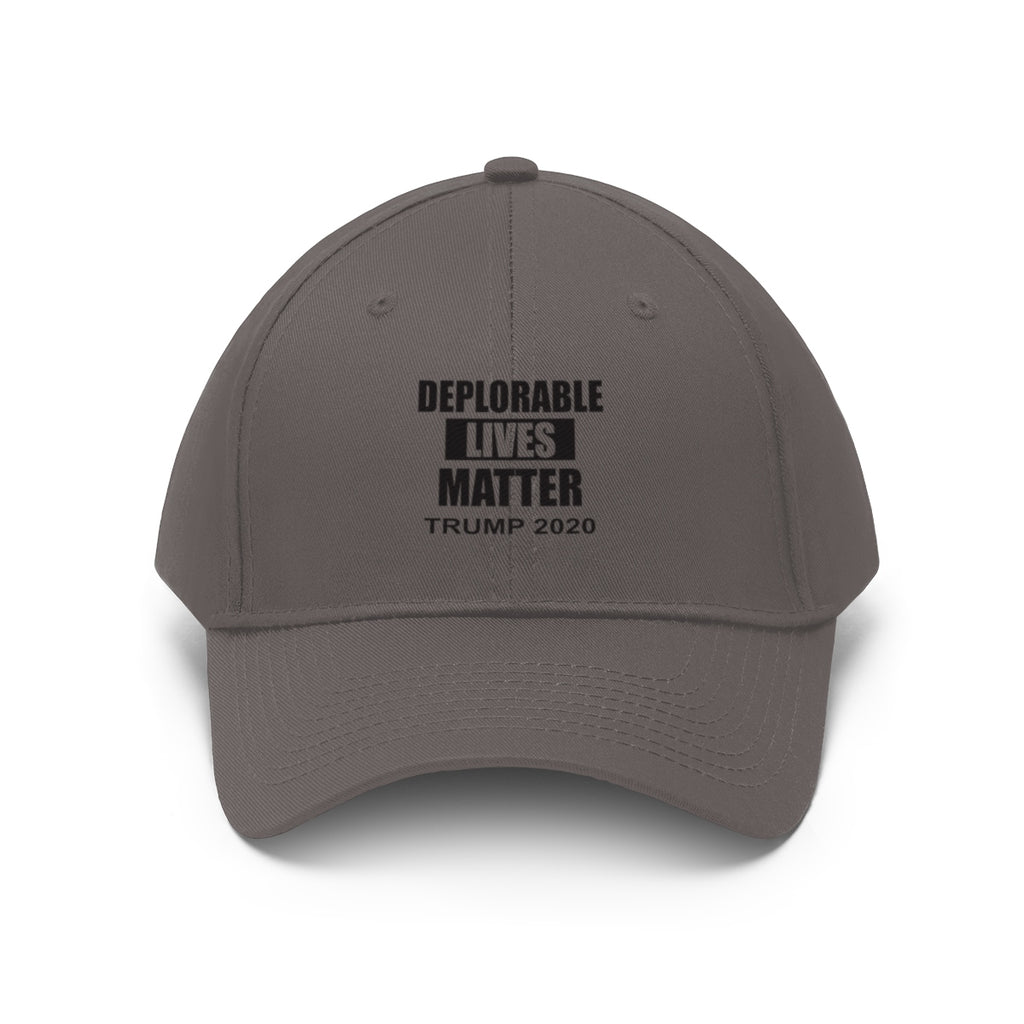 Deplorable Lives Matter Trump 2020 Twill Cap gray cap with bold political statement.