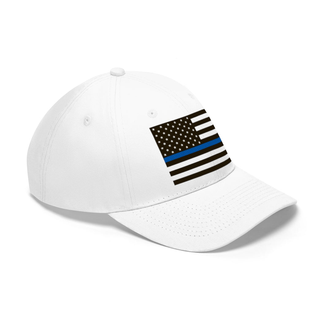Thin Blue Line American Flag Twill Cap featuring a black and blue American flag design on a white hat.