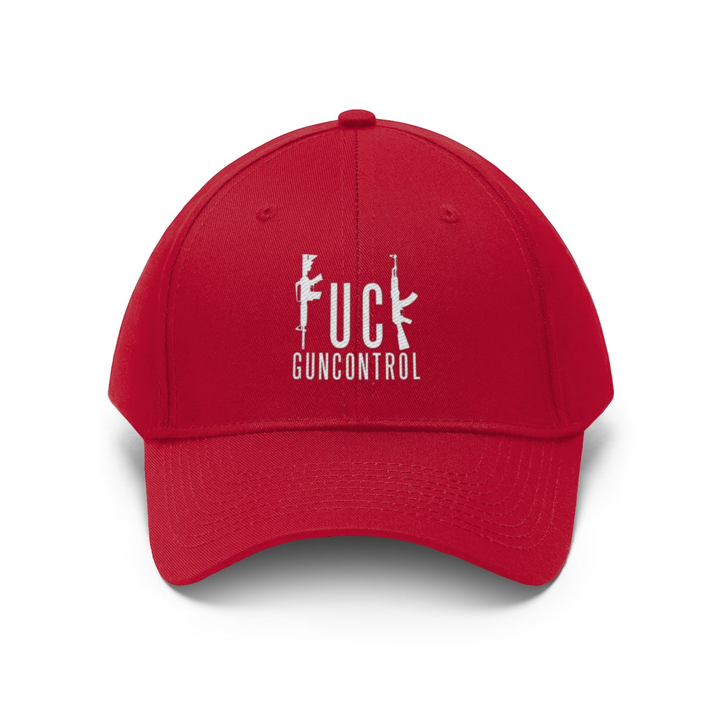 Vintage Fuck Gun Control Cotton Twill Cap in red with white lettering, perfect for outdoor activities and everyday wear.