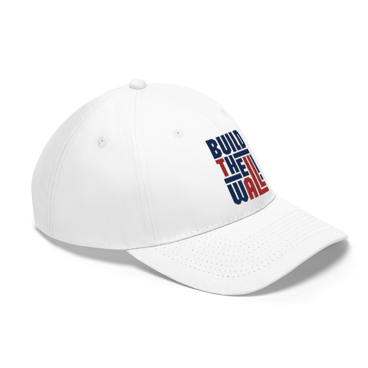 Build The Wall Twill Cap Classic Statement Wear Cap in white featuring bold red and blue lettering.