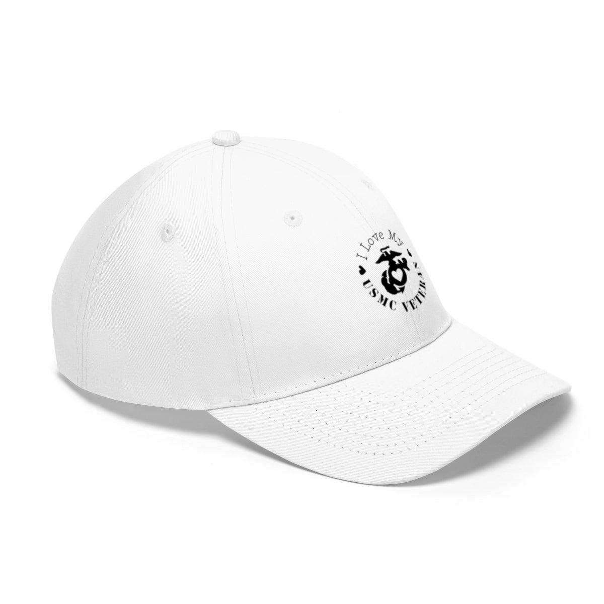 I Love My USMC Veteran Twill Cap in white, featuring patriotic design for military supporters.