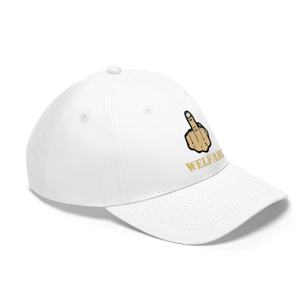 Vintage Fuck Welfare Cotton Twill Cap Design featuring a defiant hand gesture on a white cap.