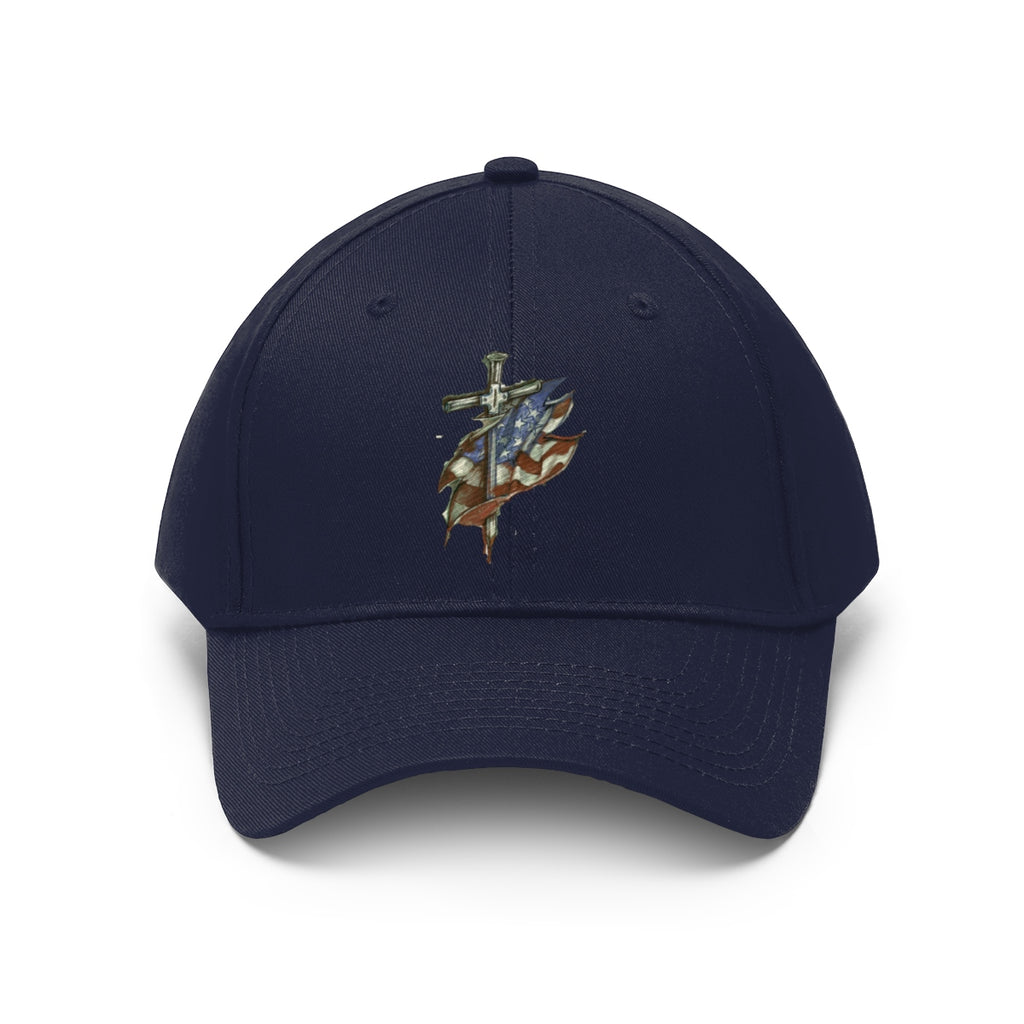 Dagger and Sword Embroidered Twill Cap featuring intricate embroidery on a navy cap.