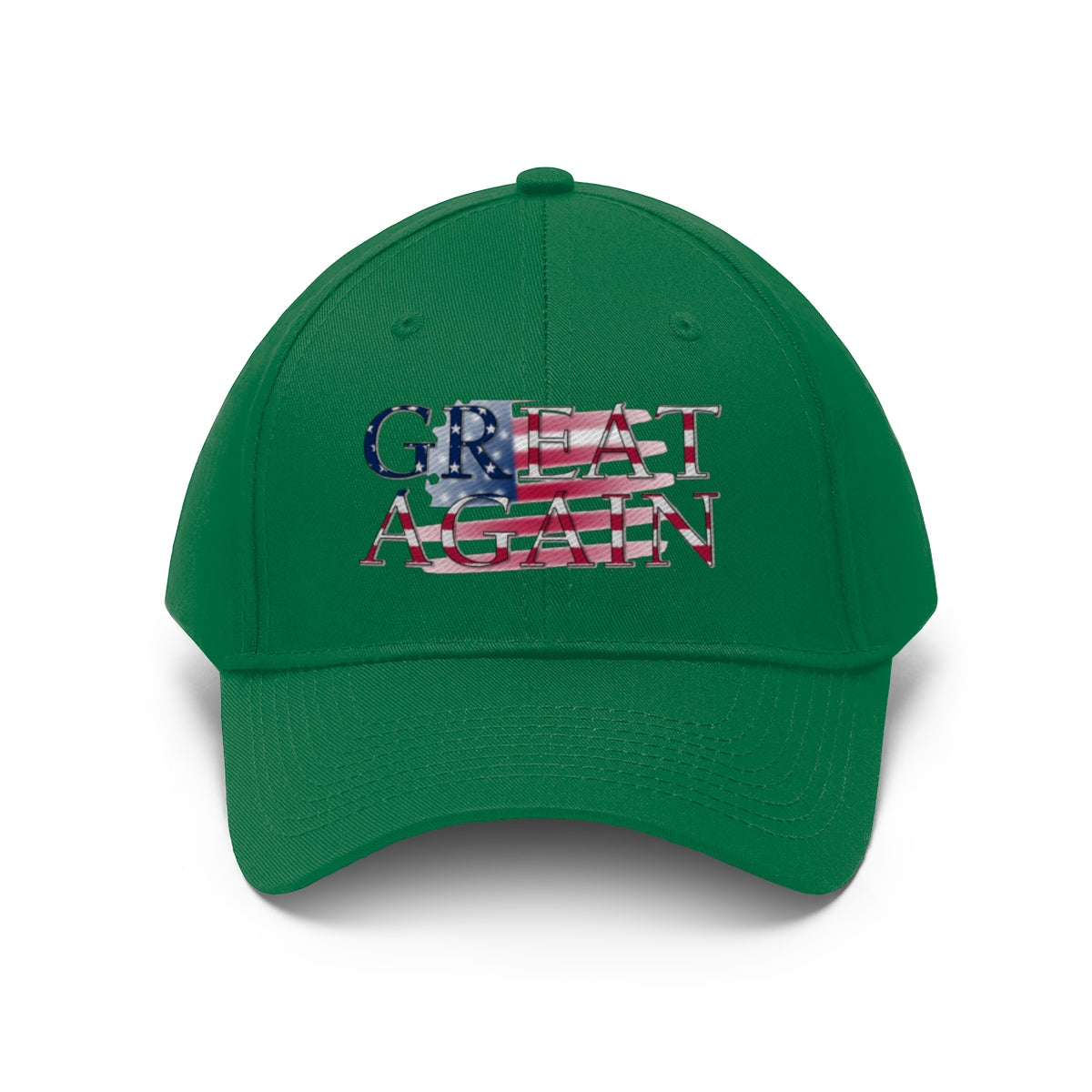 Great Again On Faded American Flag Twill Cap in green with vibrant American flag design.