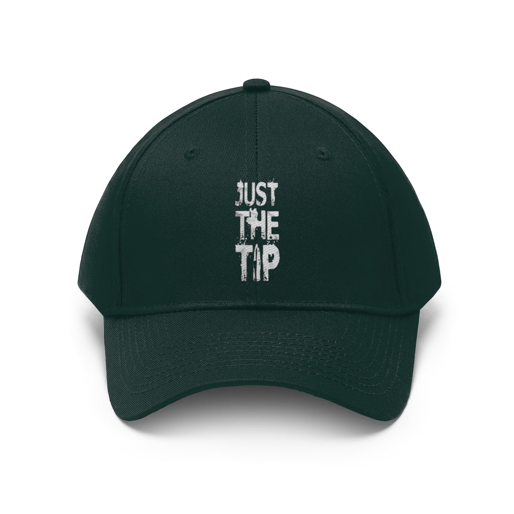 Just The Tip Funny Quote Twill Baseball Cap in green with humorous text on front.