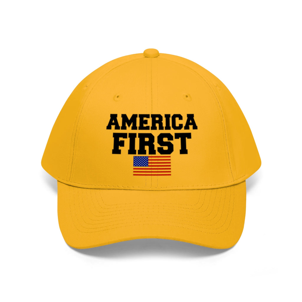 America First Patriotic Twill Cap in yellow with bold text and American flag design.