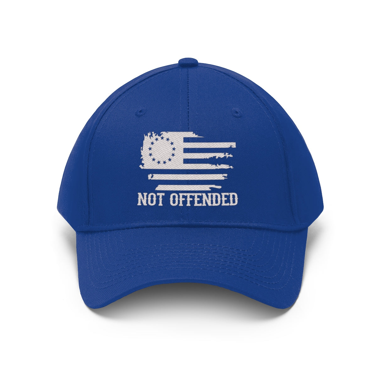 Embroidered Not Offended Adjustable Twill Cap in blue featuring a distressed American flag design.