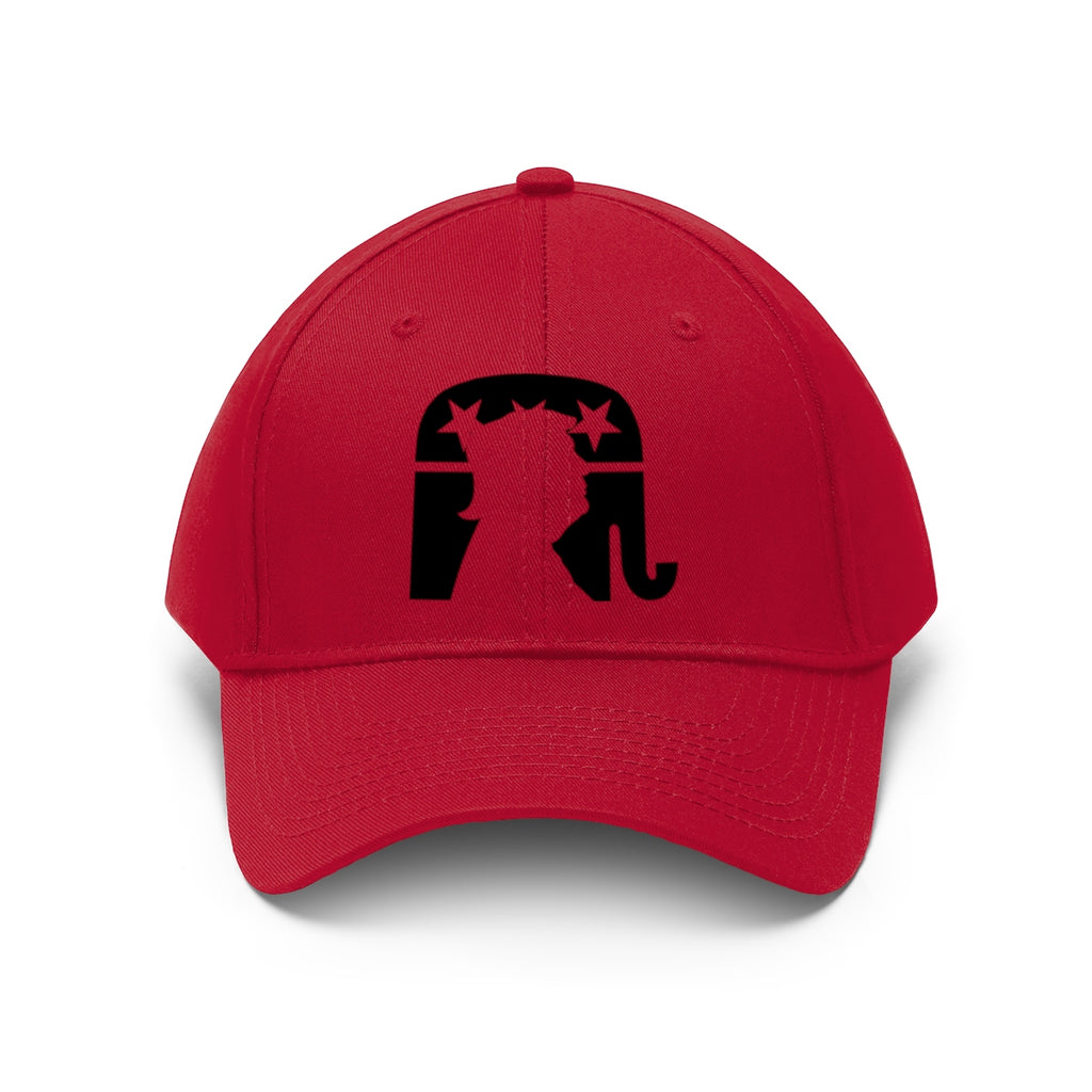Trump Silhouette On GOP Symbol Twill Cap in red with black silhouette design