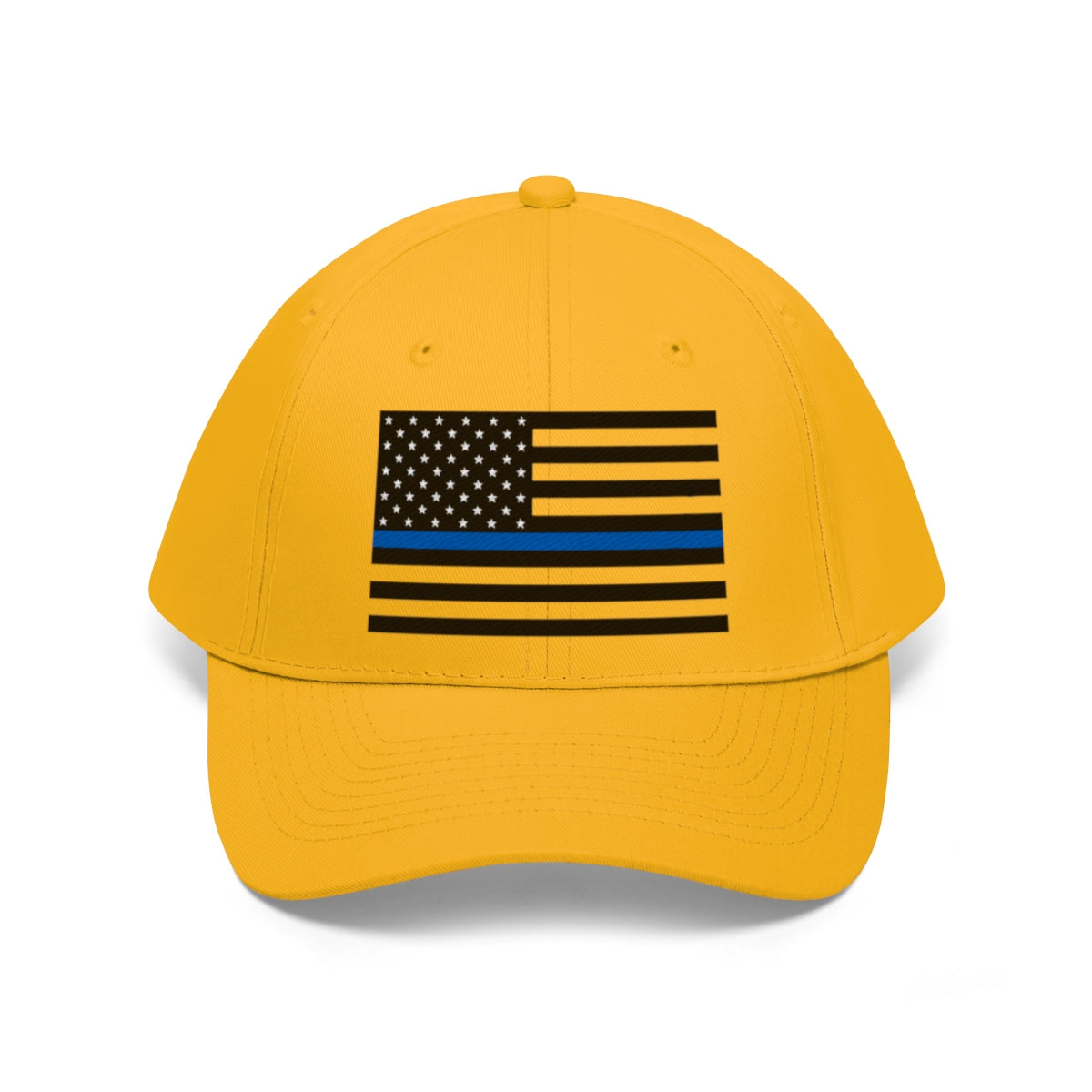 Thin Blue Line American Flag Twill Cap featuring a yellow dad hat with a blue line design.