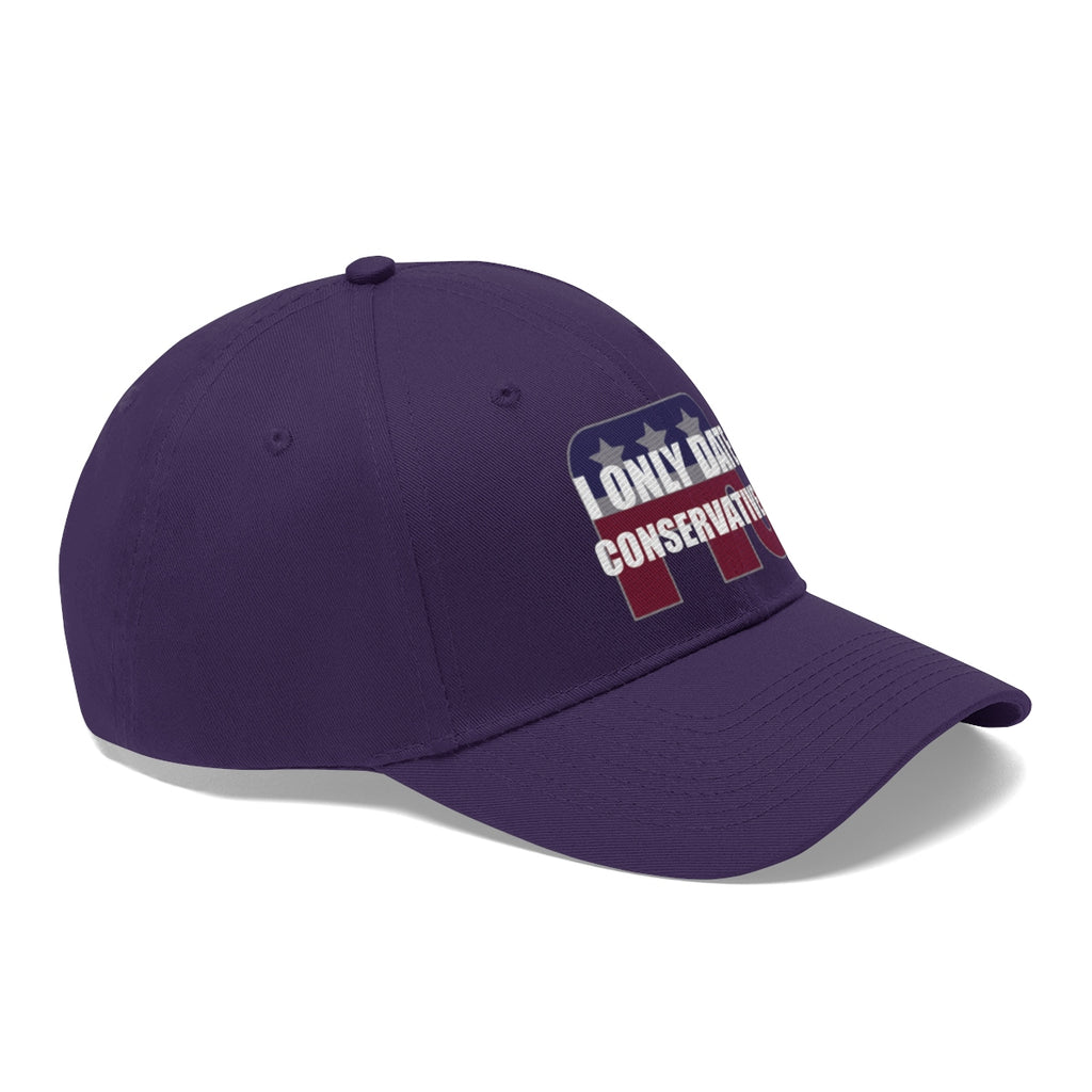 I Only Date Conservatives Twill Cap in purple with a bold political statement design.