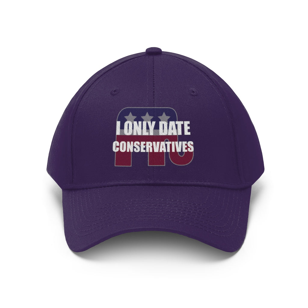 I Only Date Conservatives Twill Cap featuring a bold design on a purple baseball cap.