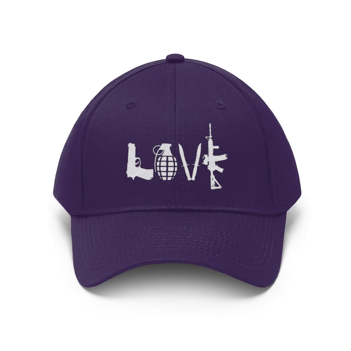 Love Combat Inspired Street Style Twill Cap featuring unique weapons-themed design on a purple cap.