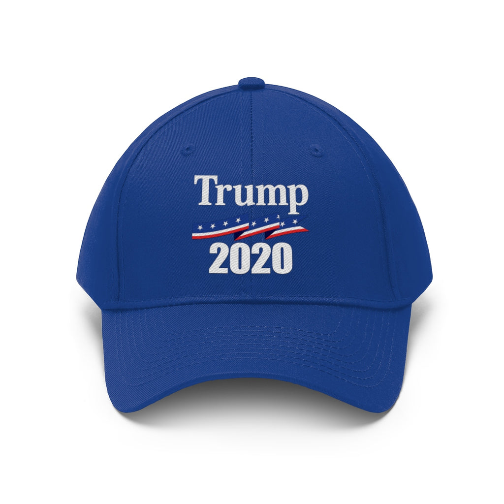 Blue Patriotic 2020 Twill Cap for Trump featuring bold campaign graphics.