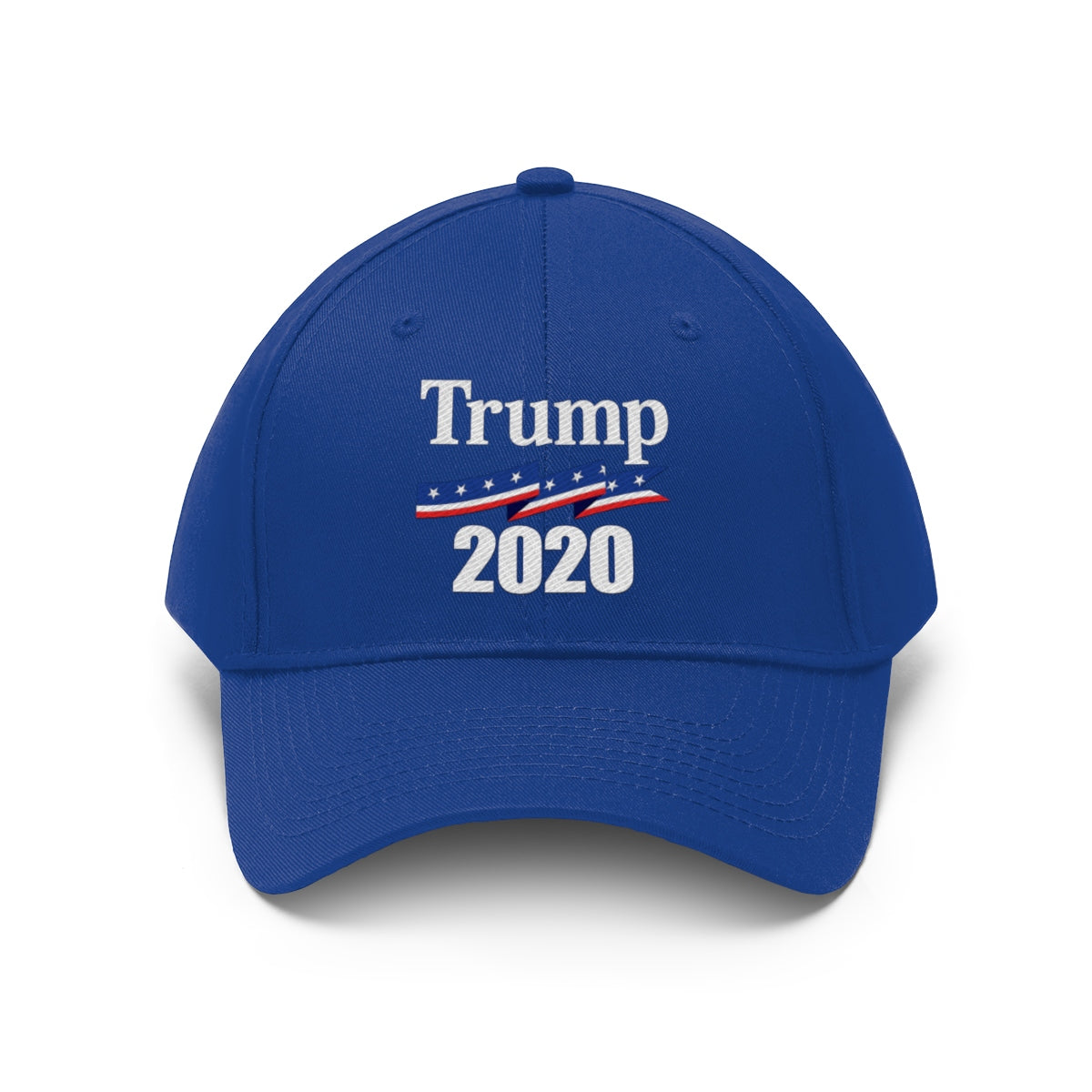 Blue Patriotic 2020 Twill Cap for Trump featuring bold campaign graphics.
