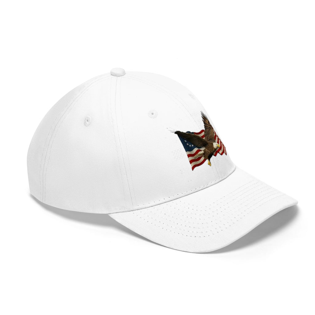 Eagle On American Flag Twill Cap featuring an embroidered bald eagle and American flag design.