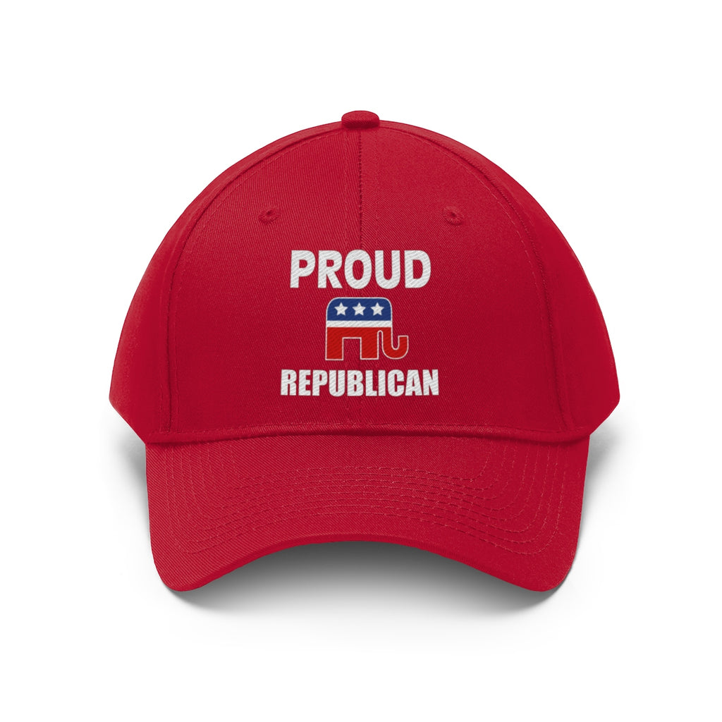 Classic Proud Republican Twill Baseball Cap featuring bold 'PROUD REPUBLICAN' text and iconic elephant logo design.