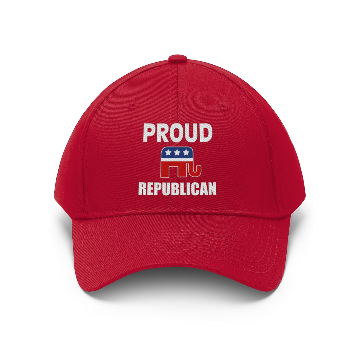 Classic Proud Republican Twill Baseball Cap featuring bold 'PROUD REPUBLICAN' text and iconic elephant logo design.