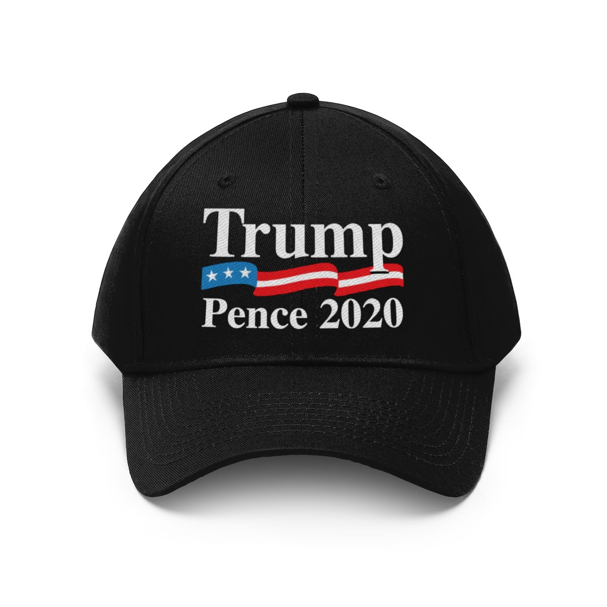 Trump Pence 2020 American Flag Twill Cap featuring a black design and prominent lettering.