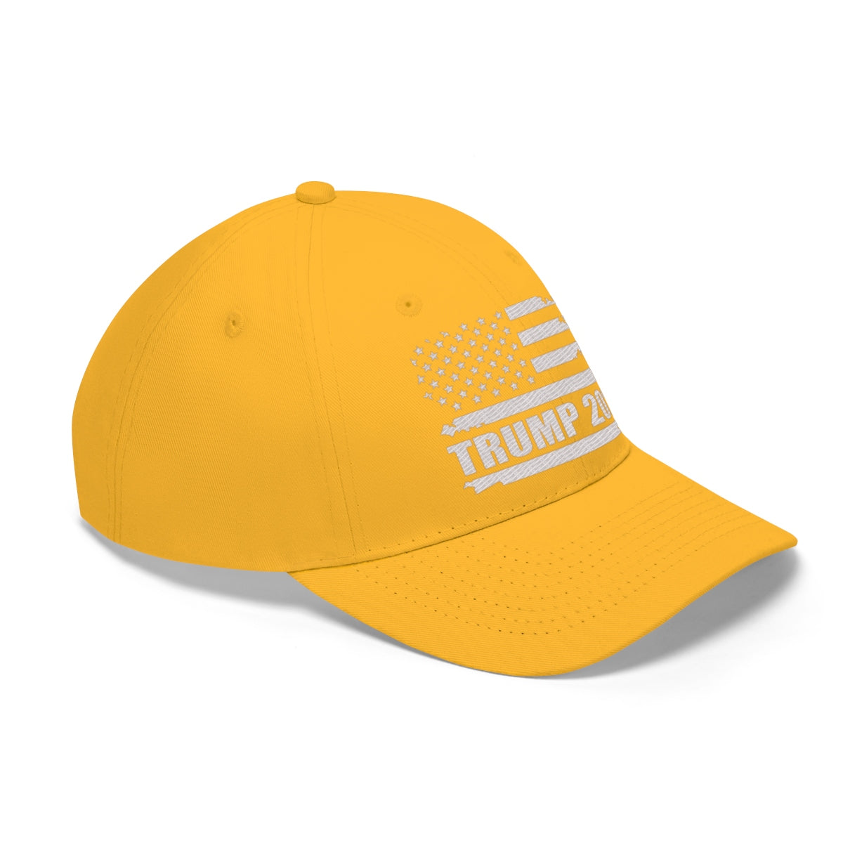 Trump 2020 Distressed American Flag Wht Ltrs Twill Cap in yellow color, perfect for outdoor activities and casual wear.