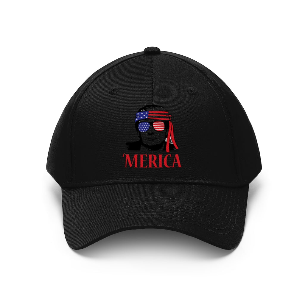 Classic Merica Baseball Cap with Trump Design featuring a patriotic graphic and bold colors.