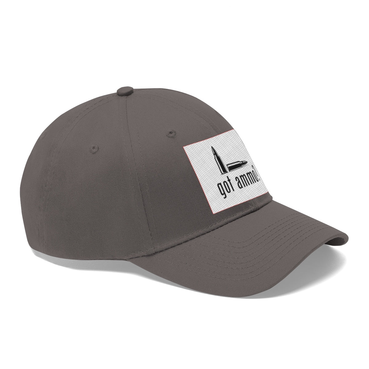 Got Ammo Twill Cap Funny Tactical Style Cap in gray with bullet graphic and unfiltered message.
