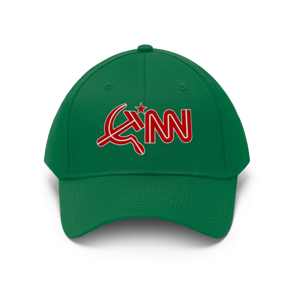 CNN Logo as Hammer and Sickle Twill Cap featuring a green dad hat with the unique design.