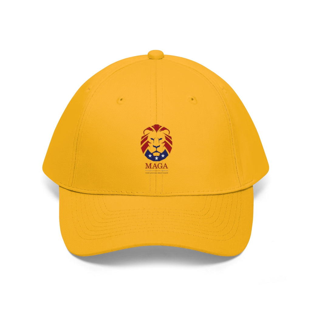 MAGA Lion Embroidered Cotton Twill Cap Design in vibrant yellow color with detailed lion logo.
