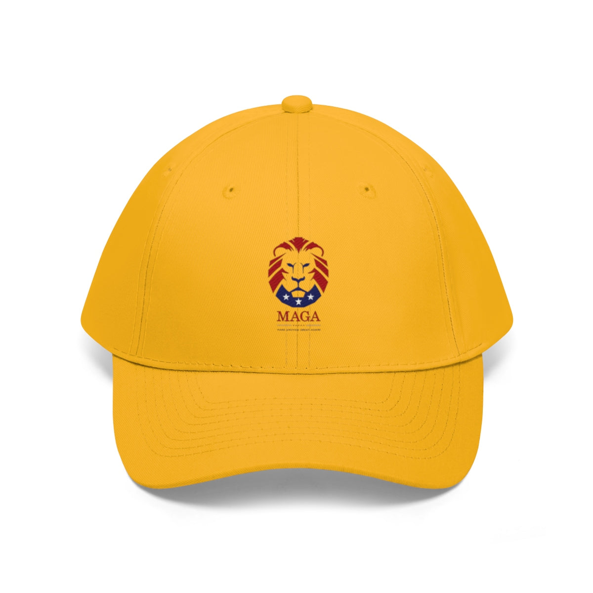MAGA Lion Embroidered Cotton Twill Cap Design in vibrant yellow color with detailed lion logo.