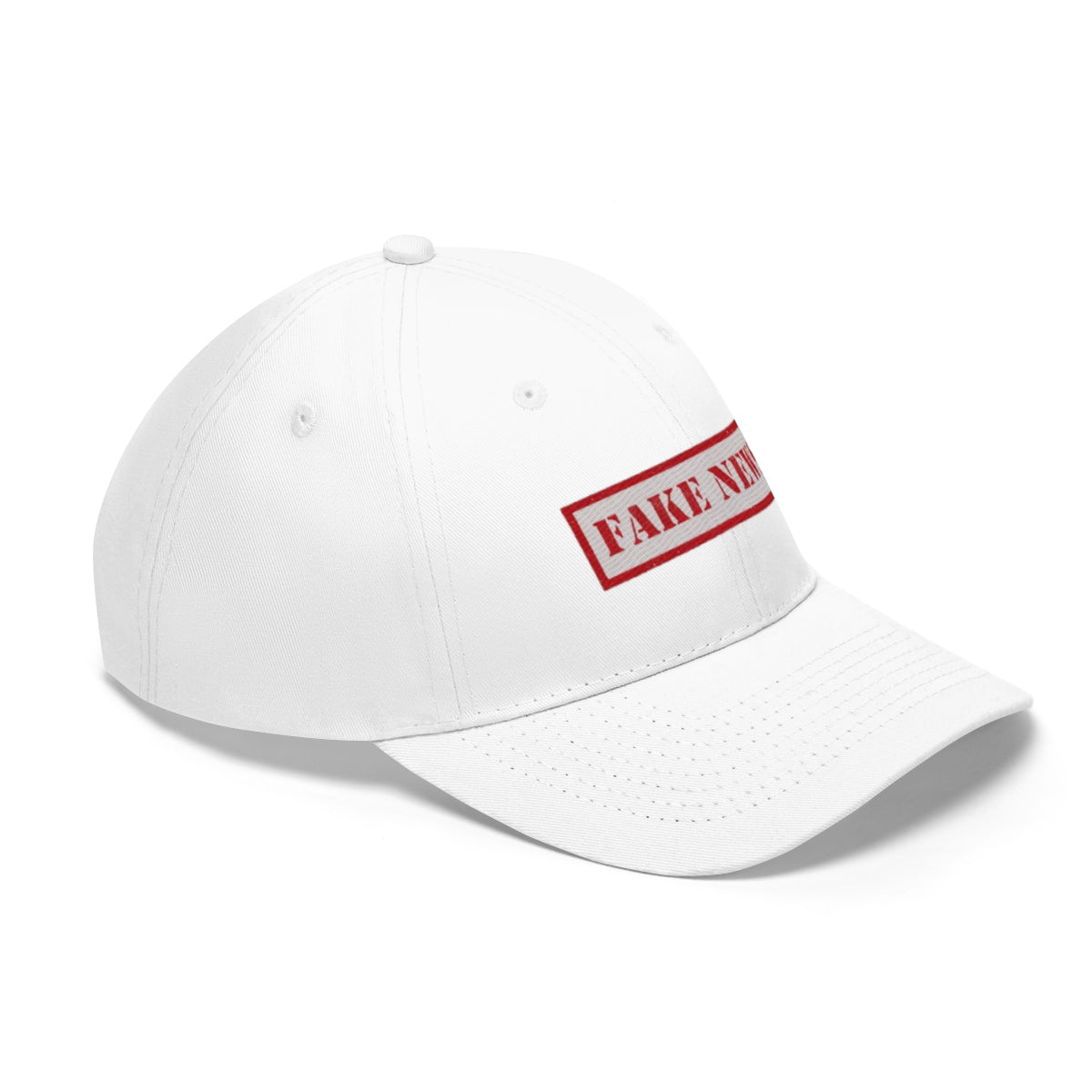 Fake News Twill Cap Bold Humor Casual Wear Hat in white with red embroidery.
