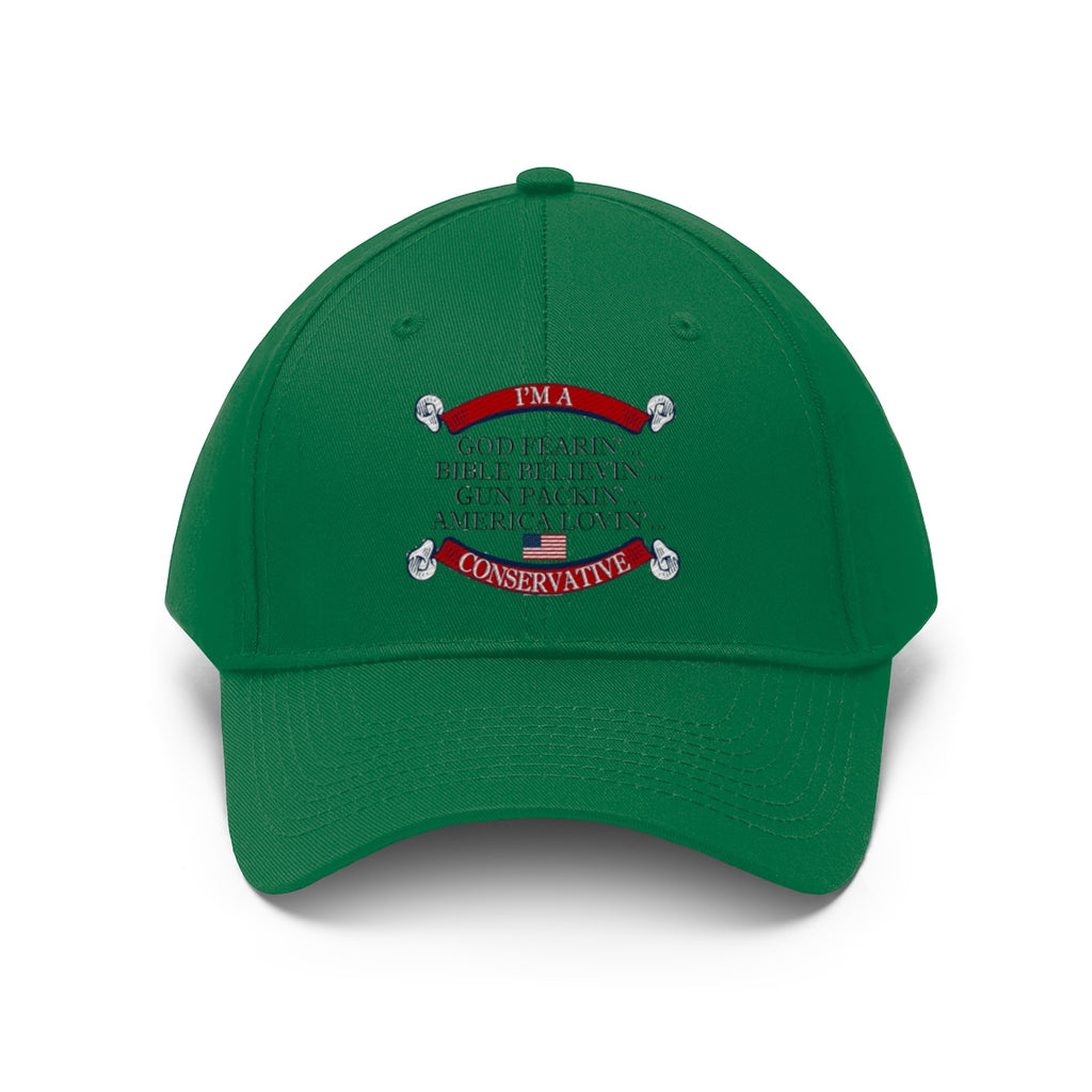 America Lovin' Conservative Twill Cap featuring bold conservative values on a green cap.