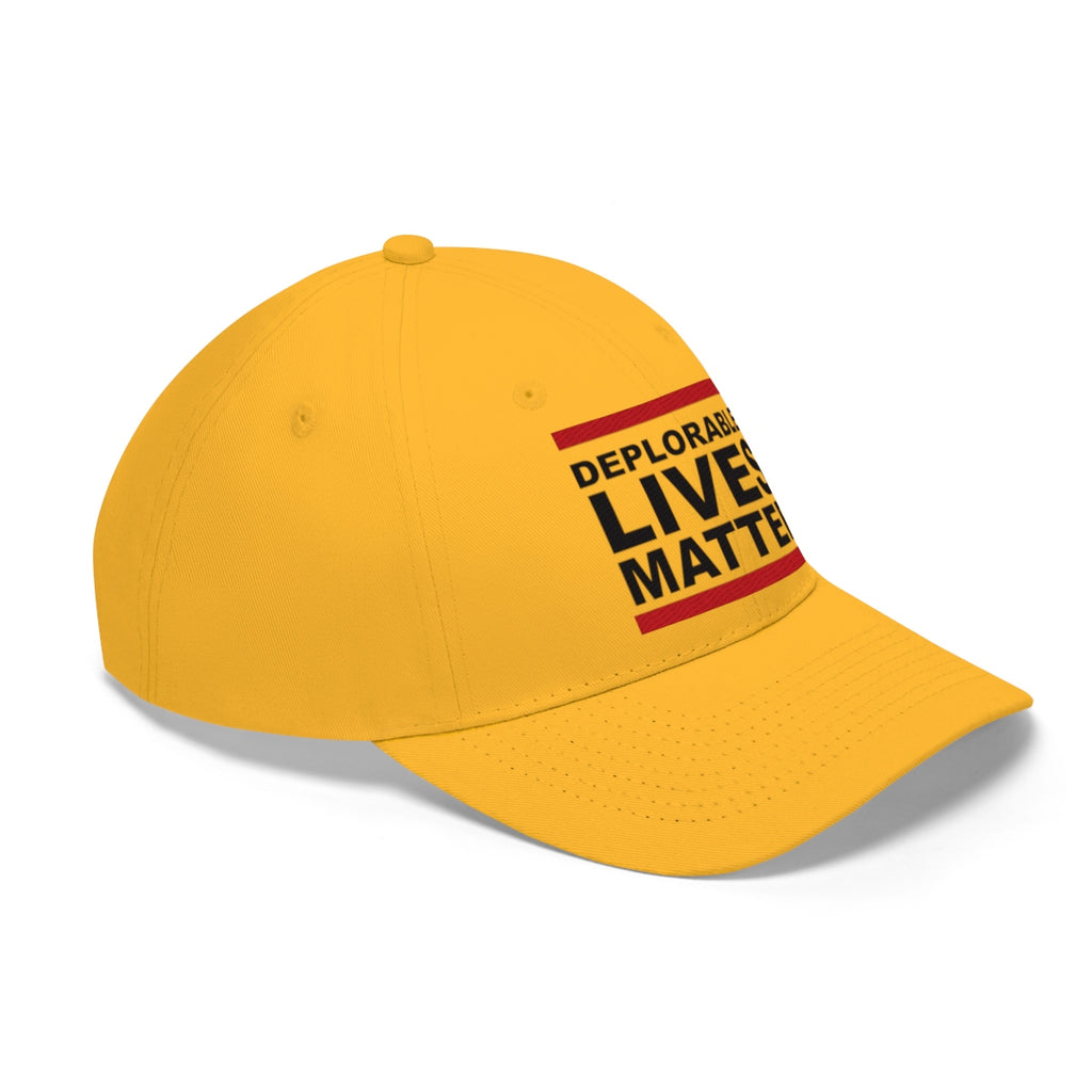 Deplorable Lives Matter Twill Cap in bright yellow, perfect for expressing bold political views at rallies.