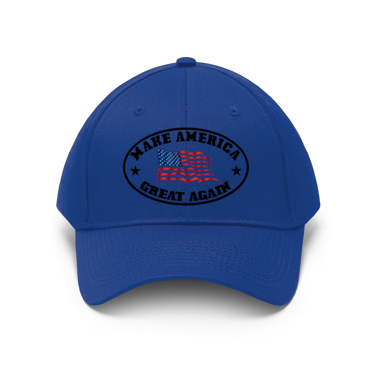 Make America Great Again US Flag Twill Cap in blue with embroidered American flag design.