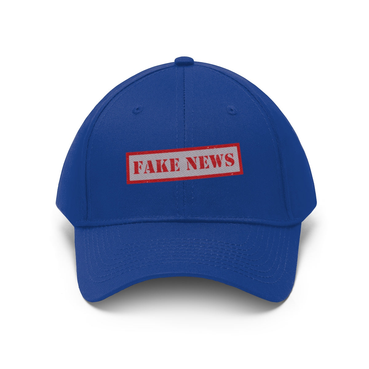 Fake News Twill Cap Bold Humor Casual Wear Hat in vibrant blue with prominent red 'FAKE NEWS' text.