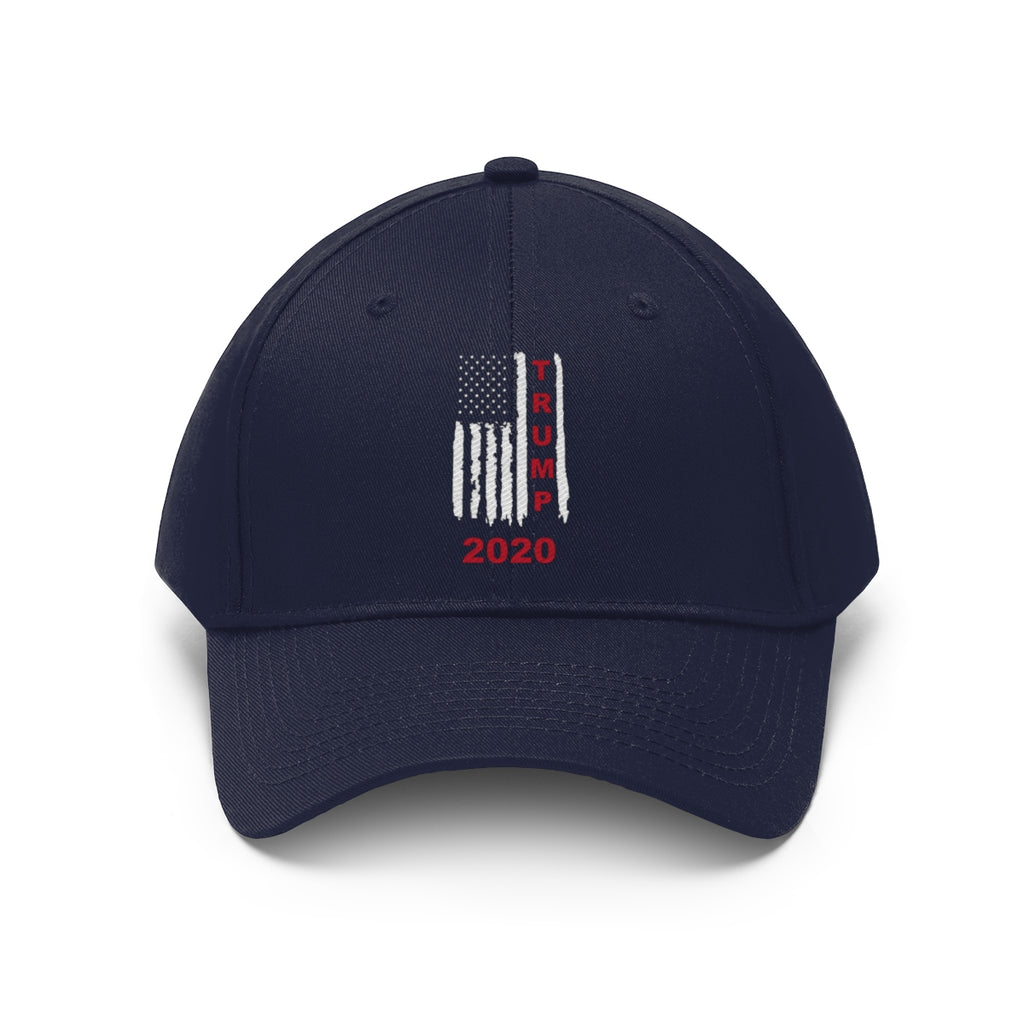 Trump 2020 Red On Distressed American Flag Twill Cap featuring an embroidered design.