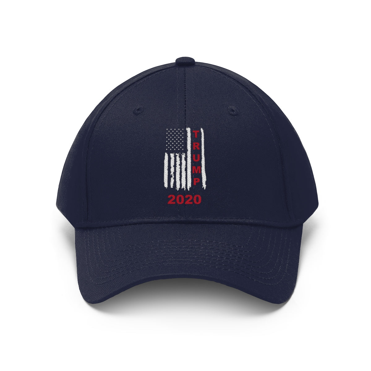 Trump 2020 Red On Distressed American Flag Twill Cap featuring an embroidered design.