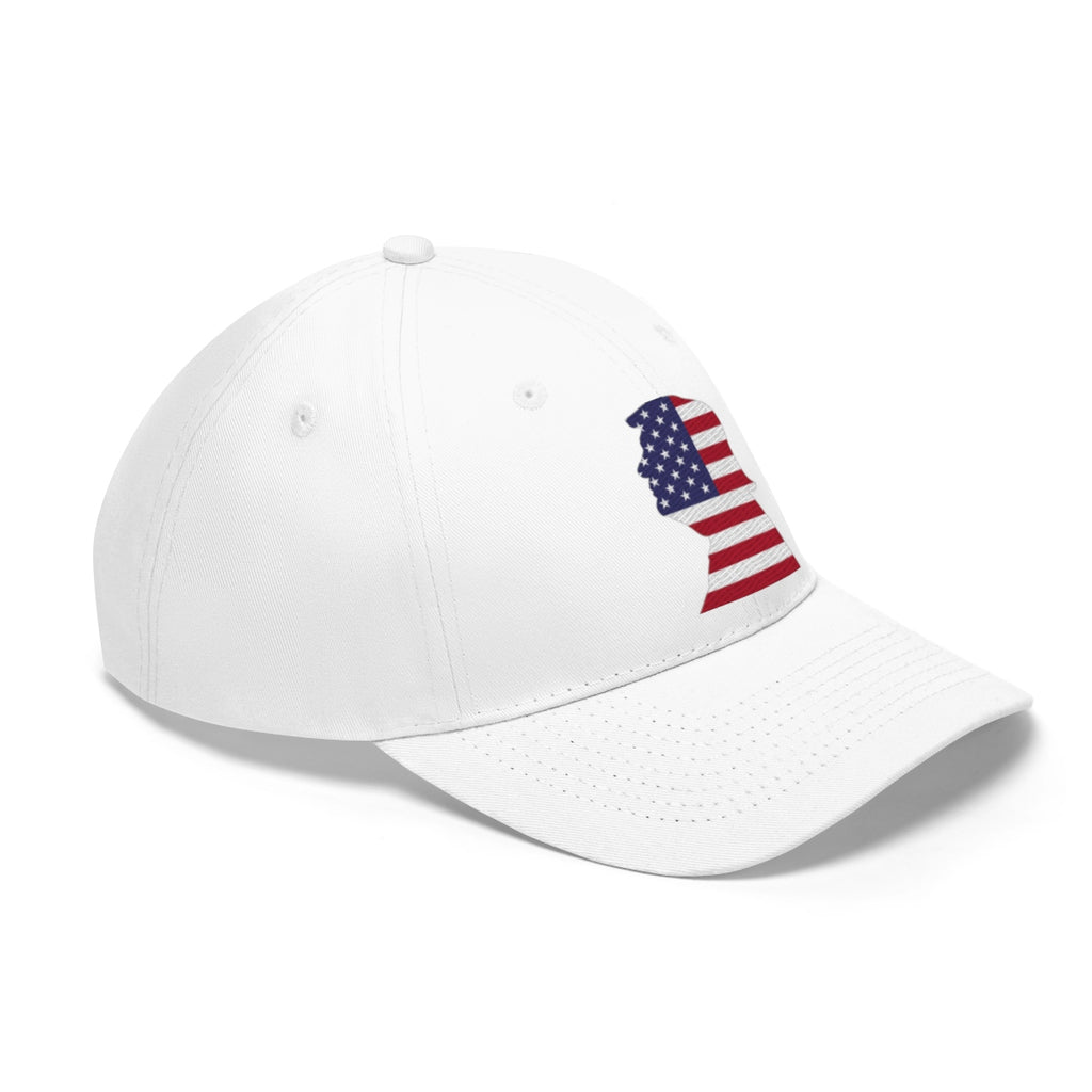 Trump American Flag SilhouetteTwill Cap featuring a white hat with a patriotic design.