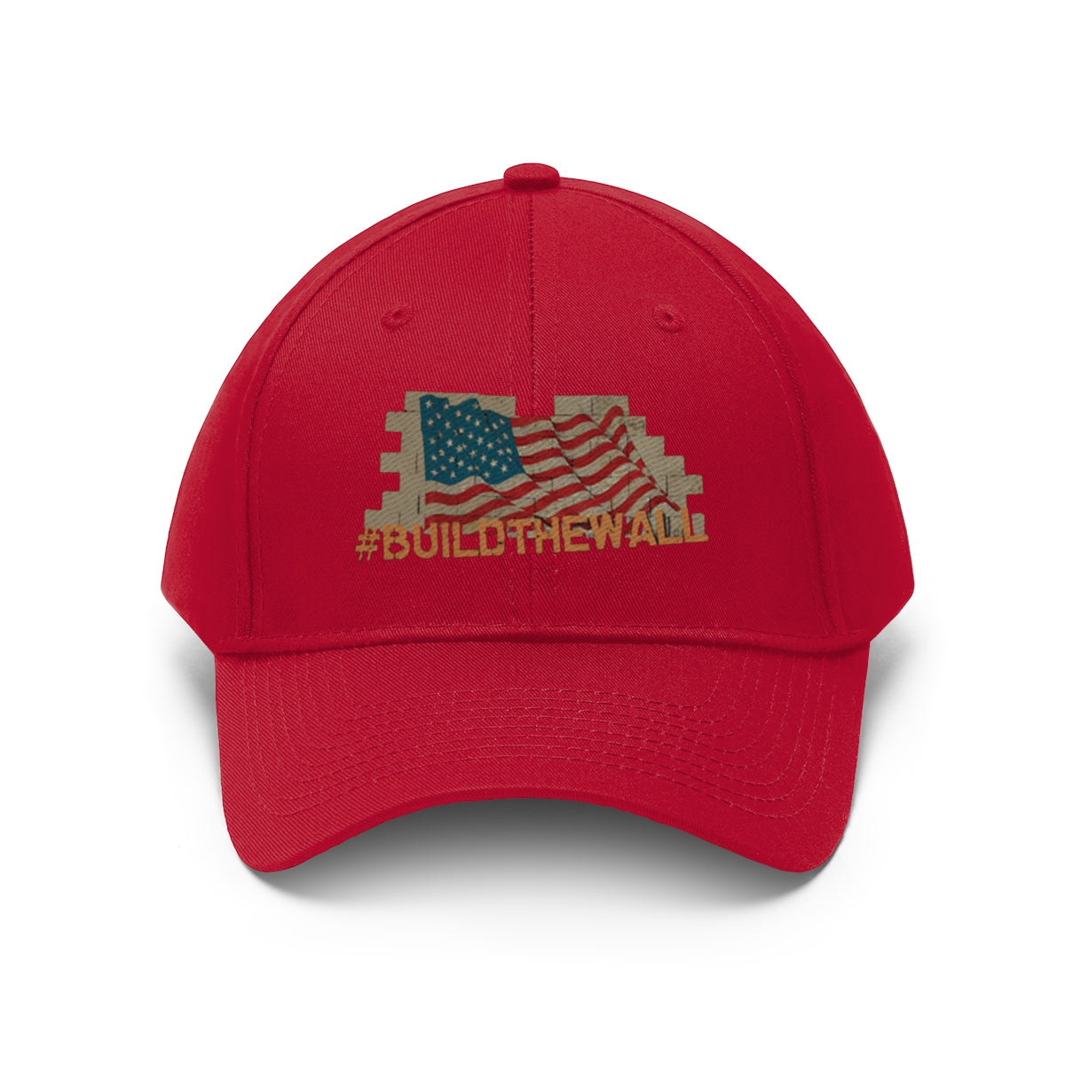 Build The Wall On American Flag Twill Cap featuring red fabric and patriotic graphics.
