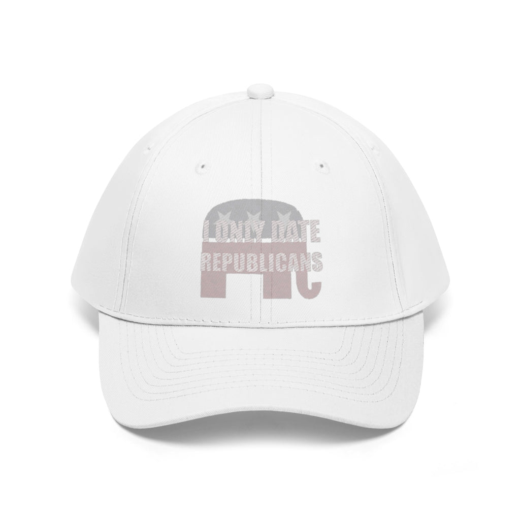 I Only Date Republicans Twill Cap featuring a bold design with an elephant logo in gray on a white cap.