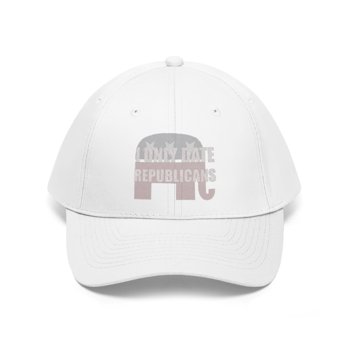 I Only Date Republicans Twill Cap featuring a bold design with an elephant logo in gray on a white cap.